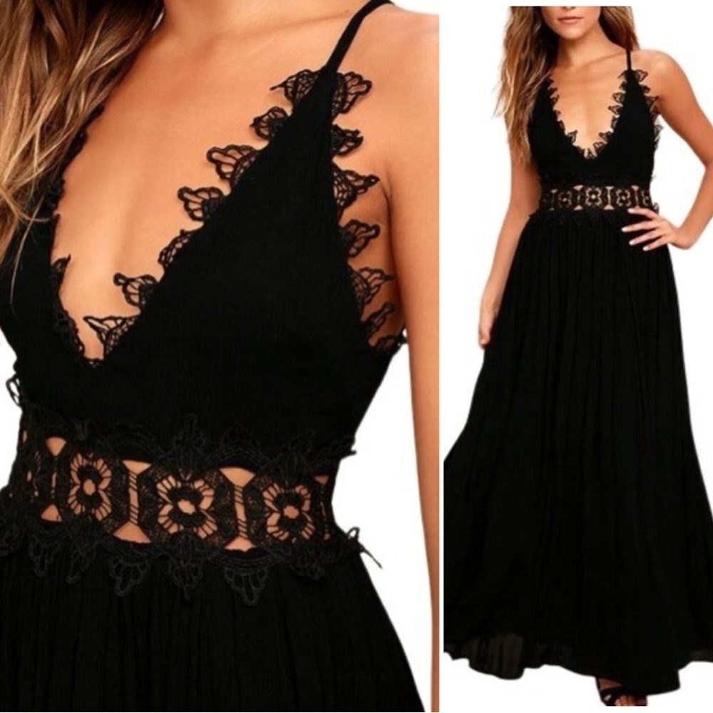 Faded Rose Black Crotchet Accent Maxi Dress